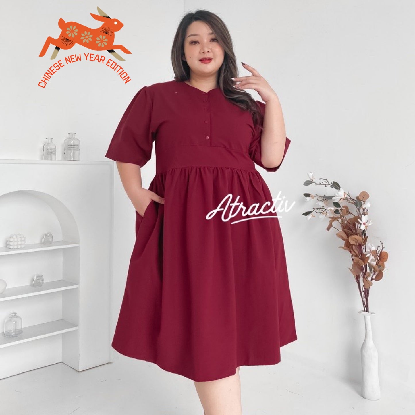 Dress Midi Oxford Maroon ATRACTIV - Atractiv Big Size Label
