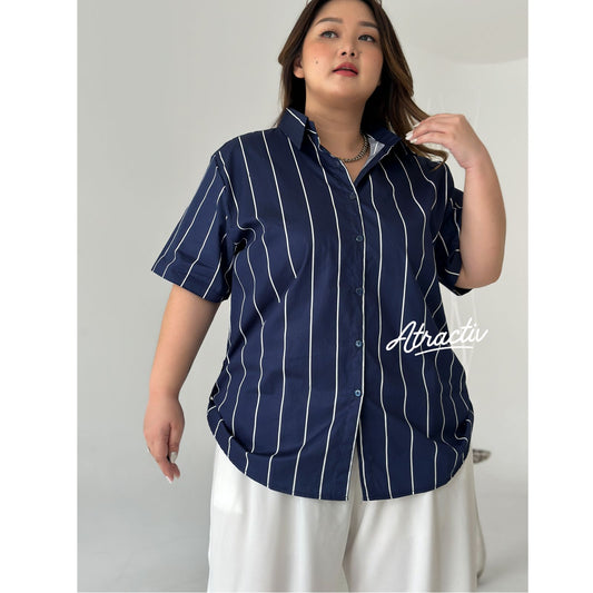 Kemeja Alexa Stripe Pendek Navy ATRACTIV